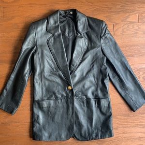 Vintage Black Leather Jacket Longline Blazer
